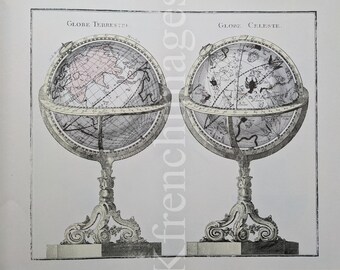 1980&#39;s print: French 18th century terrestrial and celestial globes after Desnos circa 1780