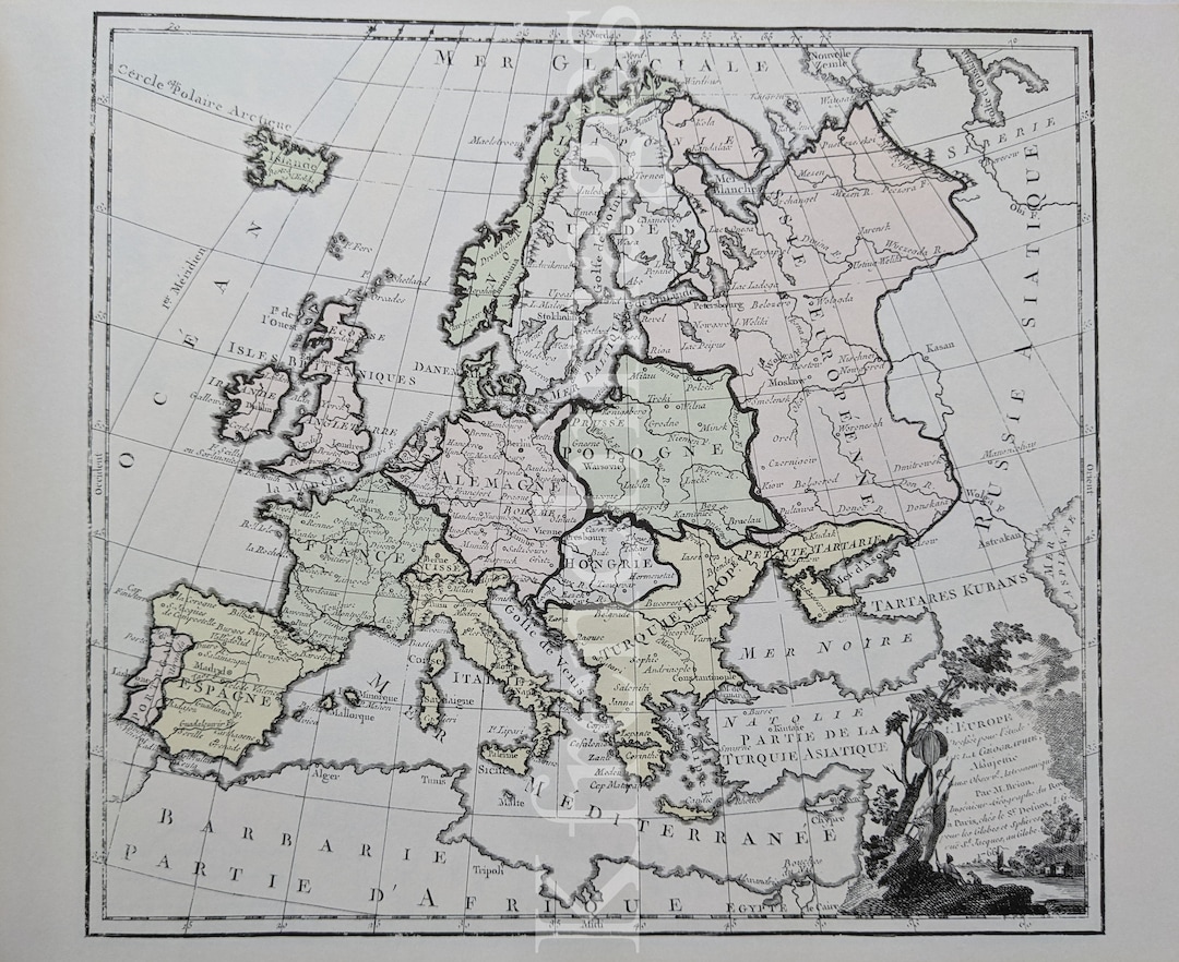 French 1766 Map of Europe, 1980's Print After the Original 18th Century ...