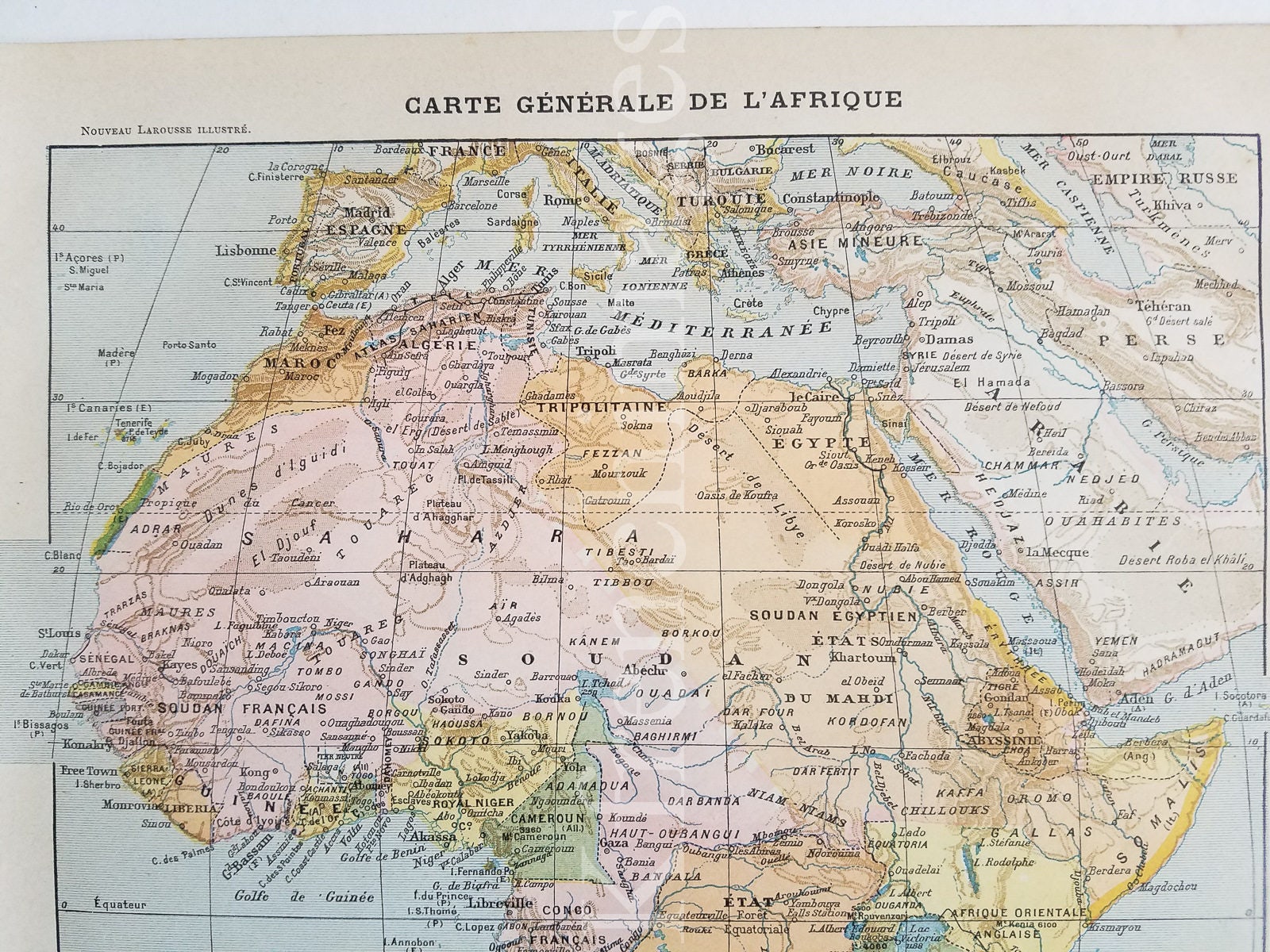 Africa Map French Vintage Original Color Print 1920's to