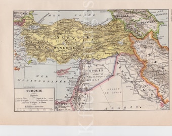 Turkey Map French vintage original color print 1920's to frame wall art Turk Geography History poster memorabilia