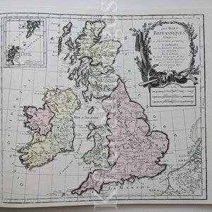 Mappa francese del 1766 delle isole britanniche, stampa degli anni '80 dopo l'originale del XVIII secolo di Desnos (Irlanda, Connaught, Scozia, Inghilterra)