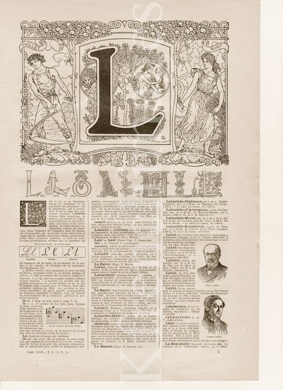 French Letter L 1920's Vintage Original Print Illustration Nursery