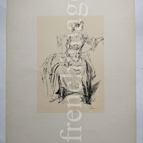 1950 Nicolas LANCRET Femme assise Français tirage d'art vintage à encadrer milieu 20e siècle, dessin robe de mode 18e siècle Paris