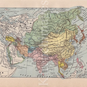 French vintage original color print Asia China India Japan map history framable or scrapbooking A4