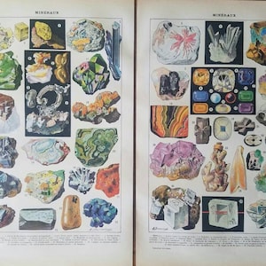 Pair of French vintage original color prints Minerals identification / Stones semi & precious framable or scrapbook A4 educational plate