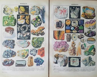 Pair of French vintage original color prints Minerals identification / Stones semi & precious framable or scrapbook A4 educational plate