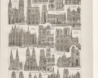 french vintage original print illustrations Drawings of Cathedrals churches architecture Art History to frame or scrapbooking A4 wall art