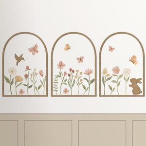 BIG BUNDLE: Set of three wooden frames arch shaped 59X85cm + flowers wall decals + wooden bunny and bird