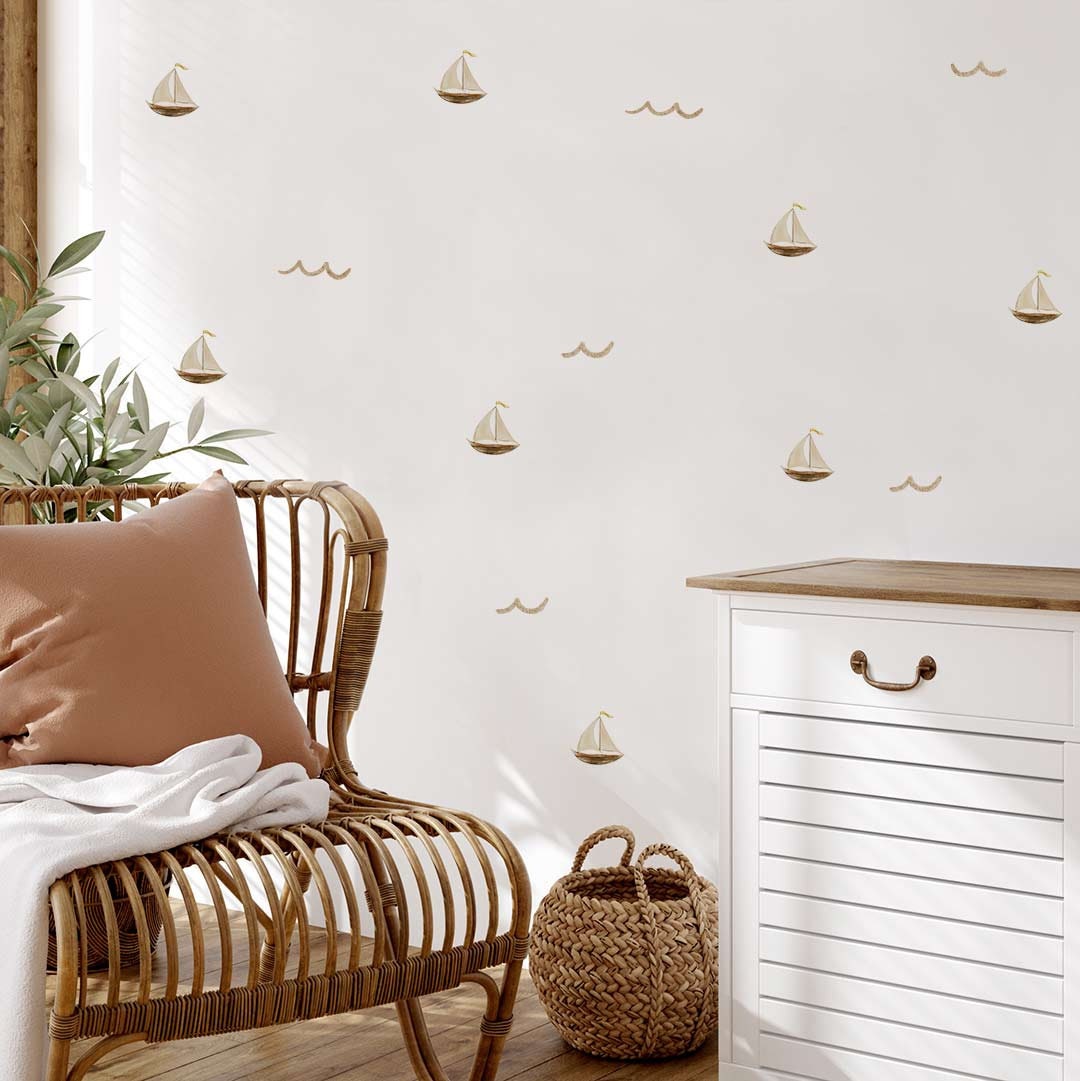 boats wall decals, watercolor boats decals, kids wall decals, fabric wall stickers, sea theme wall decals, boho wall decals for kids