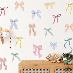 Bows wall decals, watercolor Ribbons wall stickers, Fabric wall decals, Girl room decor, Bow decor, Ribbon accessories, Nursery wall decor