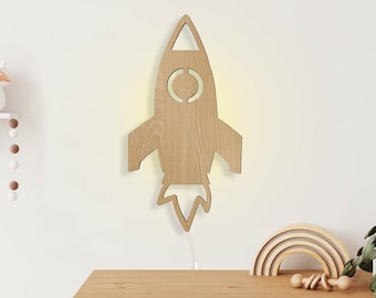 Raket nachtlampje kinderen, houten nachtlampje, decor ruimtethema, kindernachtlampje, kinderverjaardagscadeau, kinderlamp, inrichting kinderkamer, ruimtelam