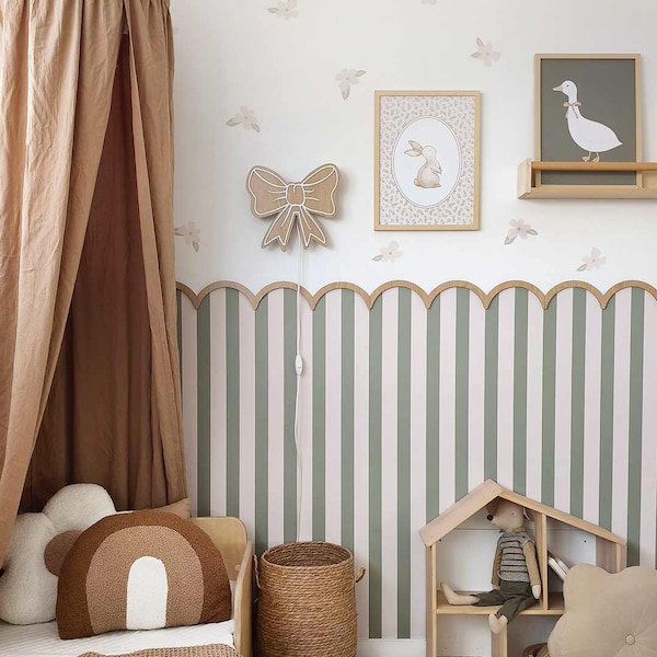 Scalloped Wallpaper stripes green beige, peel and stick wallpapaer, vintage style wallpaper, nursery decor,