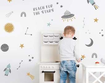 Space Wall Decals, removable reusable fabric wall decals, kids wall decor, spaceship sky wall stickers, stars decals, nursery wall decor