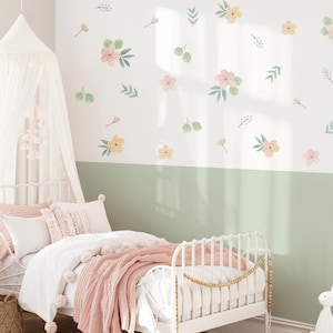 Watercolor flowers and leaves Wall Decals, floral wall stickers, removable reusable fabric wall decals, kids wall stickers, nursery decor