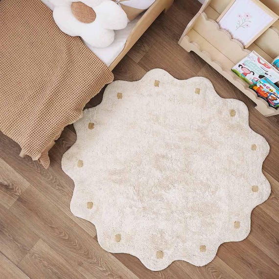 Ausgebogter cremefarbener Teppich, Wollteppich, Teppich für Kinderzimmer, Vorleger, Teppich, Vorleger, Teppich, Vorleger