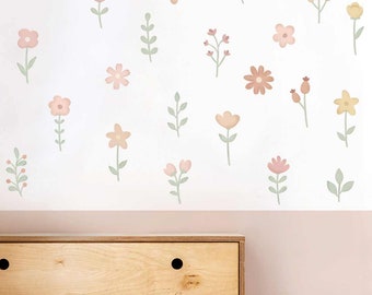 Watercolor flowers and leaves Wall Decals, wild flowers wall stickers, removable reusable fabric wall decals, kids wall stickers, Florar