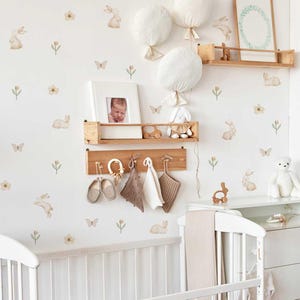 Watercolor flowers, butterflies and bunnies Wall Decals, flowers wall stickers, removable reusable fabric, kids wall stickers, Floral