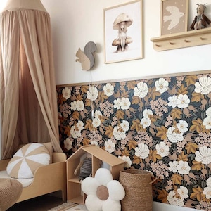 Floral Wallpaper, Flowers wallpaper dark, peel and stick wallpapaer, fabric removable wallpaper flowers style, girl wallpaper, nursery decor