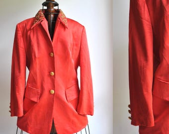 Vintage ESCADA COUTURE Red Silk & Wool Blazer | 1980s-1990s | Swarovski Buttons | Size 38 | Blazer |  Silk Jackets | Needs Minor Repairs
