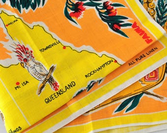 Vintage Retro Australian Fauna Souvenir Tea Towel | 1970s era | Pure Linen | Unused Condition | Wildflowers | Linen Tea Towels