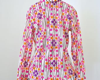 1960s Pink & Orange Floral High Neck Blouse | LADY PELACO | Mod | Retro | Flower Power | Vintage Blouse | Nylon Jersey | Size 14