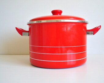 Vintage Mid Century Large Red Enamel FINEMARK Cooking Pot | 1970s era | Retro Cookware | Enamelware | MCM Kitchen