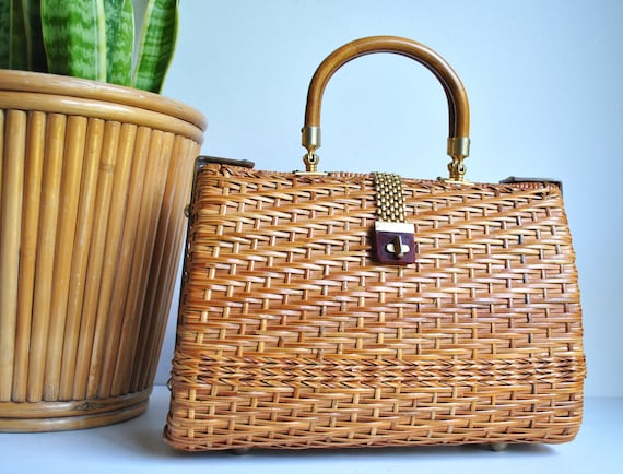 Vintage Woven Wicker Cane Top Handled Bag | 1940s-