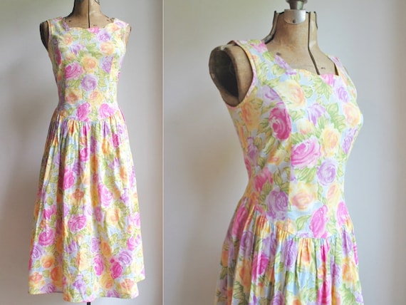 Pretty Vintage Pastel Floral Sun Dress | 1980s era