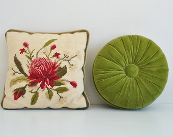 Vintage Needlepoint & Velvet Pinwheel Cushion | Eclectic Home Decor | Velvet Cushions | Wildflowers | Vintage Home Decor