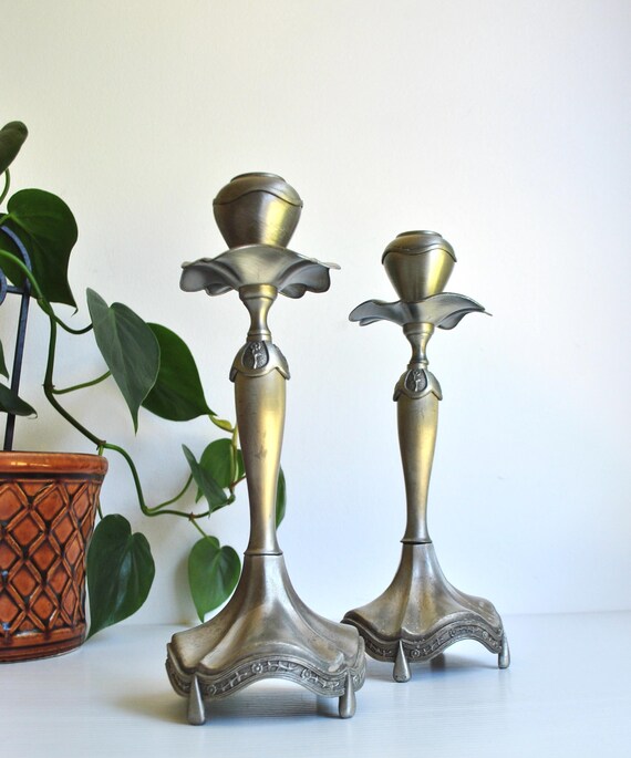 Vintage Art Nouveau Style Candlestick Holders Pair | Silver Plated | Eclectic Home Decor | Candle Holder | Stylised Flowers