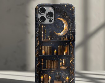 May include: A black phone case with a gold ornate bookshelf design. The bookshelf is filled with books, candles, and other decorative items. A crescent moon is visible in the top right corner of the design.