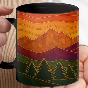 Stained Glass Watercolor Mug: Mountain Sunset Art, Unique Coffee Cup