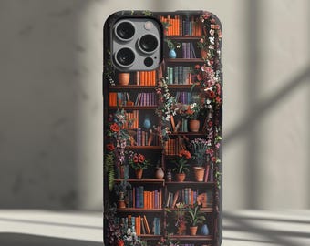 Book Case Shelves Tough Phone Cases, iPhone 16 15 14 13 12 11 Pro Max Plus Garden Winter Whimsical Dark Academia, Samsung Galaxy S24 S23 S22