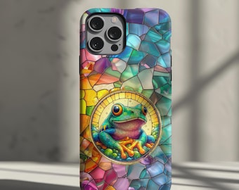 Coque de portable grenouille en vitrail : coque artistique en mosaïque vibrante, coque antichoc pour iPhone 17, 16, 15, 14 et modèles Samsung