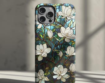 Stained Glass Magnolia Phone Case | Elegant Floral Mosaic for iPhone 16 15 14 13 12 Pro Max Samsung Galaxy S24 S23 Ultra Google Pixel 8 7