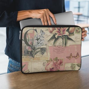 Vintage Botanical Laptop Sleeve: Pink Lily Patchwork, Protective Case