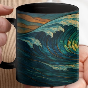 Stained Glass Watercolor Wave Mug: Ocean Sunset Coffee Cup