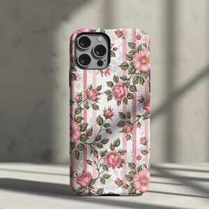 Vintage Rose Phone Case: Blushing Florals, Pink Lace Stripes