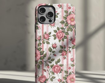 Etui na telefon Vintage Rose: Różowe kwiaty, różowe koronkowe paski, wstrząsoodporna obudowa do modeli iPhone 17, 16, 15, 14 i Samsung