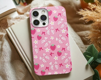 Coquette Phone Case Protective, iPhone 16 15 Plus 14 Pro Max 12 13 Mini 11 Pro Galaxy S24 Strawberry Bows Pink Girly Cute Trendy Aesthetic