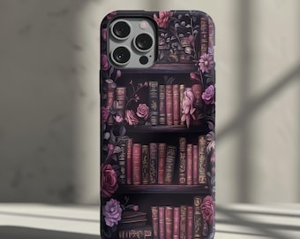 Floral Aesthetic iPhone Tough Case, Dual Layer Protection, Books Bookshelf Design, Samsung Galaxy S24 S21, Purple Pink, Sturdy Cover