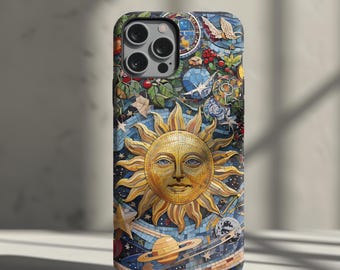 Mosaic Phone Case - Vintage Celestial Sun Mosaic Collage - Trendy Preppy Design for iPhone 15 14 13 12 Pro Max, Samsung S24 S23 S22, Pixel 8