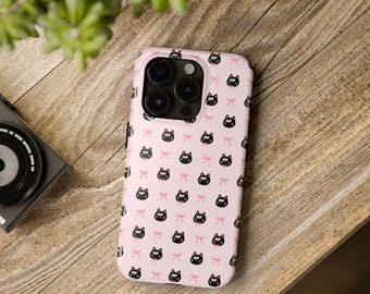 Coquette Phone Case Protective, iPhone 16 15 Plus 14 Pro Max 12 13 Mini 11 Pro Galaxy S24 Black Cat Bows Pink Girly Cute Trendy Aesthetic