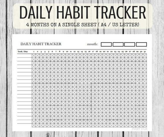 Daily Habit Tracker 4 months on a single sheet | Etsy