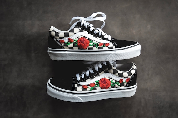 black vans old skool red rose custom shoes