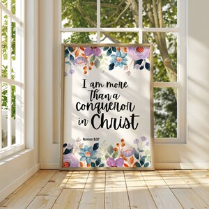 Bible verse poster | Christian wall art | Religious art | Bible verse gifts | Christian gifts | Mothers Day | I am more than a conqueror