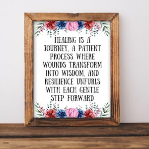 Healing is a journey printable wall art, home decor, floral art, healing art, motivational, women girls self help gift Christian