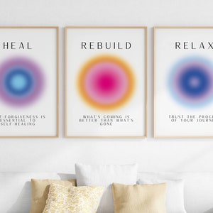 Set of 3 Heal Rebuild Relax Aura Gradient Spiritual Manifest Art Gallery Decor Poster Positive Energy Gradient Digital Art Printable