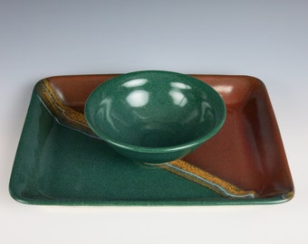 ceramic chip and dip, pottery, appetizer dish, handmade, snack sets, plate and bowl