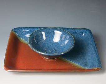 ceramic chip and dip, pottery, appetizer dish, handmade, snack sets, plate and bowl